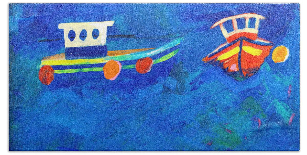 Painting Beach Towel featuring the painting Two fishing boats at sea by Simon Bratt