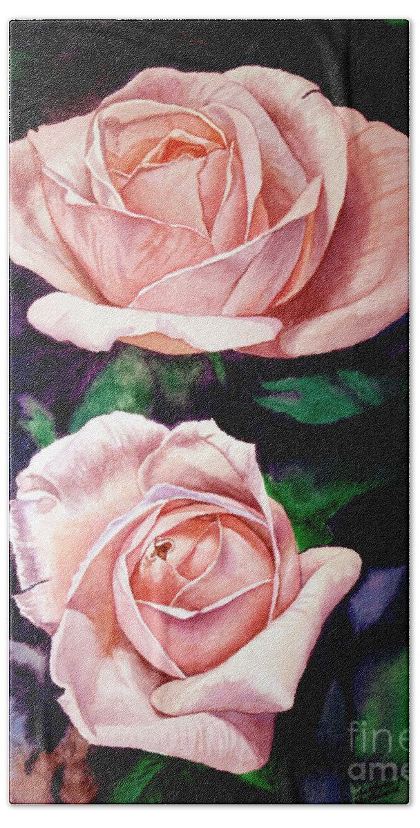 Rose Beach Towel featuring the painting Two Roses by Christopher Shellhammer