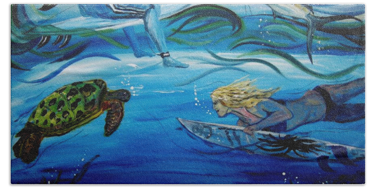 Underwater Beach Towel featuring the painting Underwater Surfers by Amanda Dinan