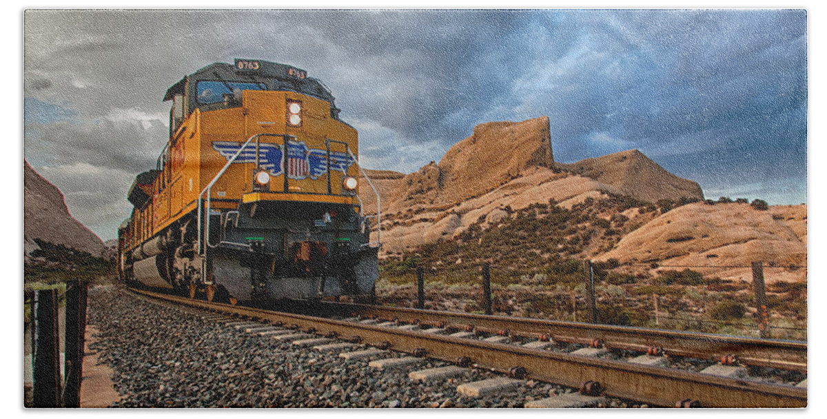 Train Beach Towel featuring the photograph Union Pacific thru Mormon Rocks by Peter Tellone