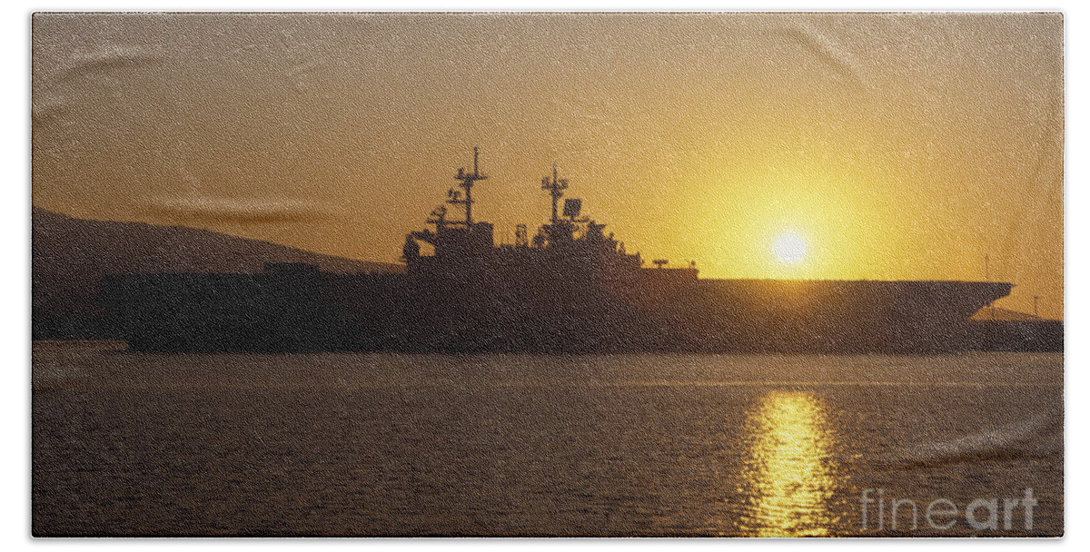 Military Beach Towel featuring the photograph Uss Tarawa Pierside As The Sun Sets by Michael Wood