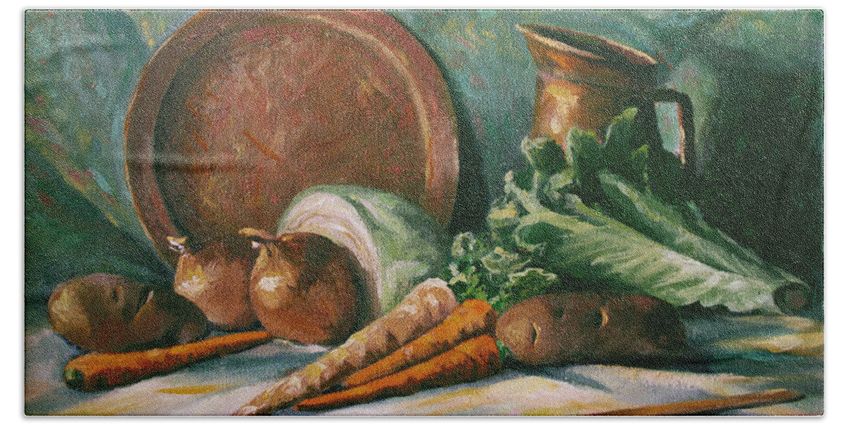 Food Beach Towel featuring the painting Vegetable Melody by Nancy Griswold