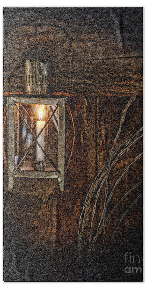 Lantern Beach Towel featuring the photograph Vintage Lantern Hung in a Barn by Jill Battaglia