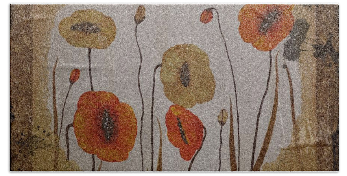Red Poppies Beach Towel featuring the painting Vintage Red Poppies Painting by Georgeta Blanaru