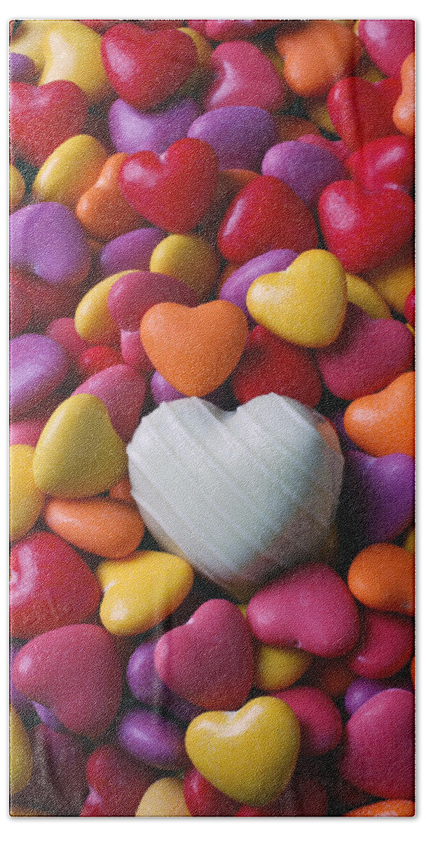 White Heart Candy Candies Love Beach Towel featuring the photograph White heart candy by Garry Gay