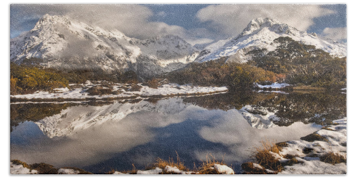 00446716 Beach Towel featuring the photograph Winter Dawn Reflection Of Mount by Colin Monteath