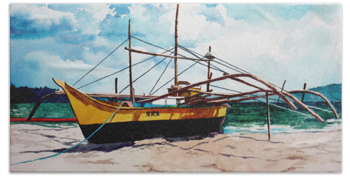 Boat Beach Towel featuring the painting Yellow Boat Docking on the Shore by Christopher Shellhammer
