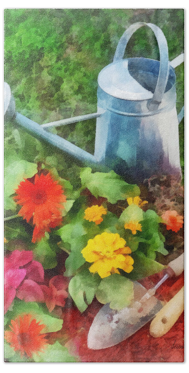 Zinnia Beach Towel featuring the photograph Zinnias and Watering Can by Susan Savad