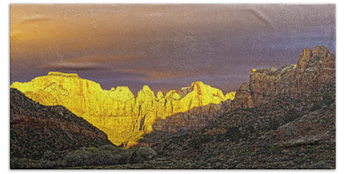 Zion Beach Towel featuring the photograph Zion National Park Dawn behind the visitors' center by Fred J Lord