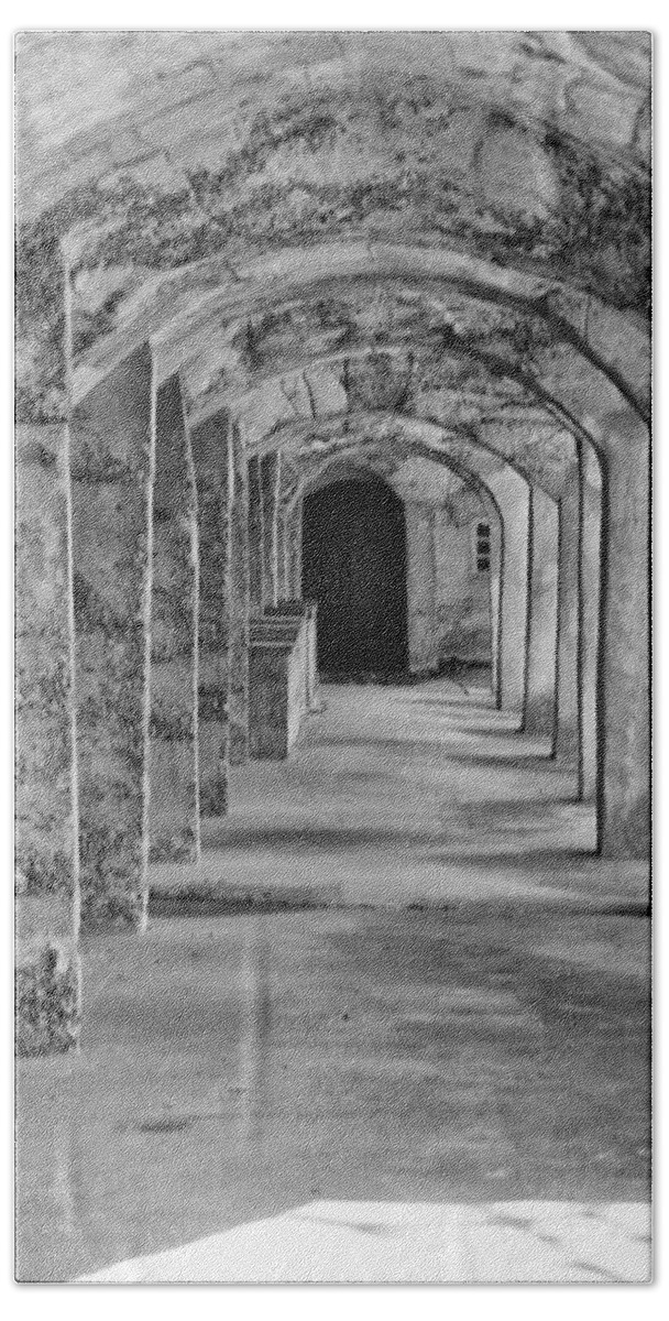 Moravian Beach Towel featuring the photograph Archway at Moravian Pottery and Tile Works in Black and White by Bill Cannon