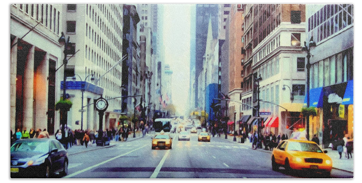  Fifth Avenue In Manhattan Beach Sheet featuring the painting Fifth Avenue in Manhattan by Jeelan Clark