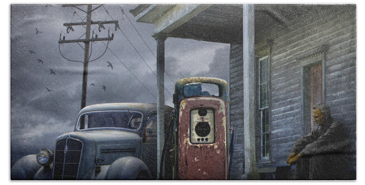 Art Beach Towel featuring the photograph Man lost in thought by the Vintage Gas Station by Randall Nyhof