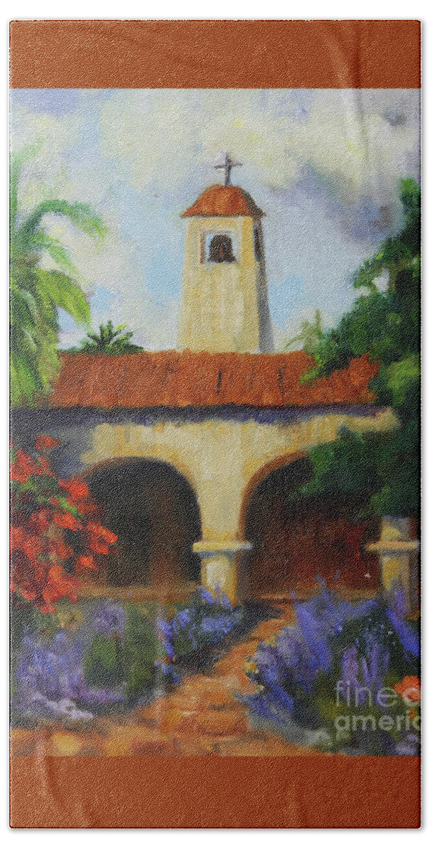 San Juan Capistrano Beach Towel featuring the painting Mission San Juan Capistrano by Maria Hunt