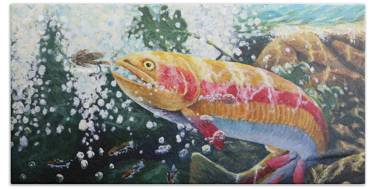 West Virginia. Goldie Trout. Modular Wet Fly. Freshwater. Fishing. Streamers. Mountain Streams. Fishing Paradise. Beach Towel featuring the painting  Not Your Average Goldfish by Carey MacDonald