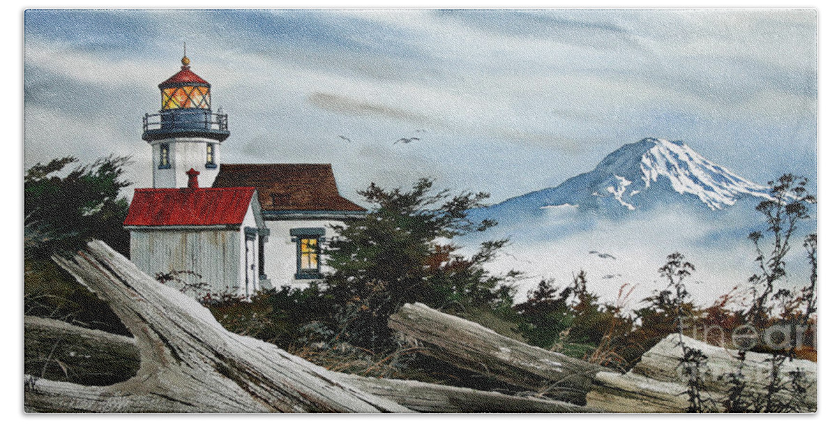 Lighthouse Fine Art Print Beach Towel featuring the painting Point Robinson Lighthouse and Mt. Rainier by James Williamson