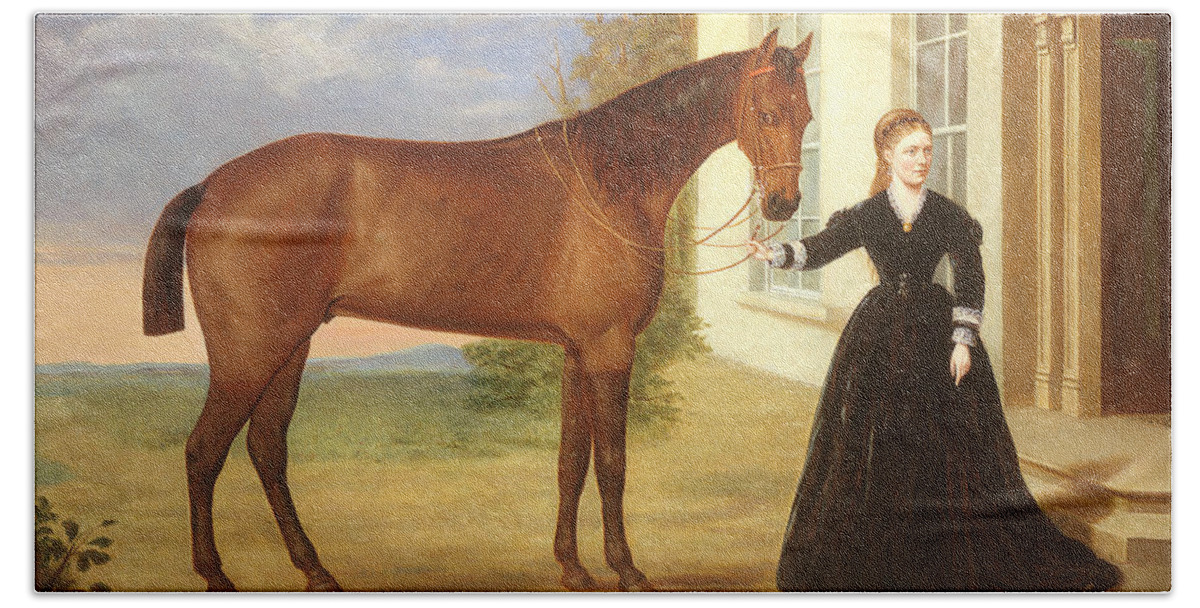 Portrait Beach Towel featuring the painting Portrait of a lady with her horse by English School