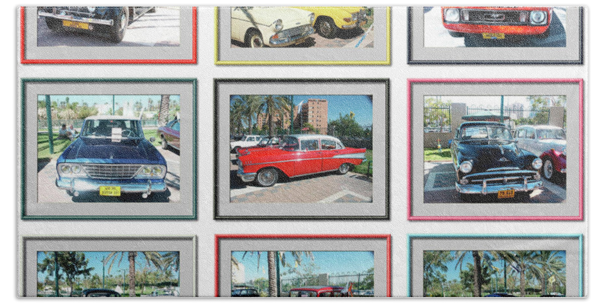 Tmj Beach Towel featuring the photograph 9 image Collage of vintage cars #1 by Tomi Junger
