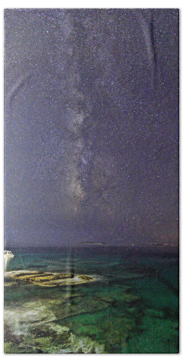 Boat Beach Towel featuring the photograph A boat under the Milky Way in Andros - Greece #1 by Constantinos Iliopoulos