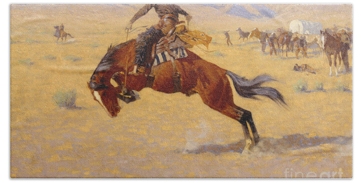 Cowboy; Horse; Pony; Rearing; Bronco; Wild West; Old West; Plain; Plains; American; Landscape; Breaking; Horses; Snow-capped; Mountains; Mountainous Beach Towel featuring the painting A Cold Morning on the Range by Frederic Remington