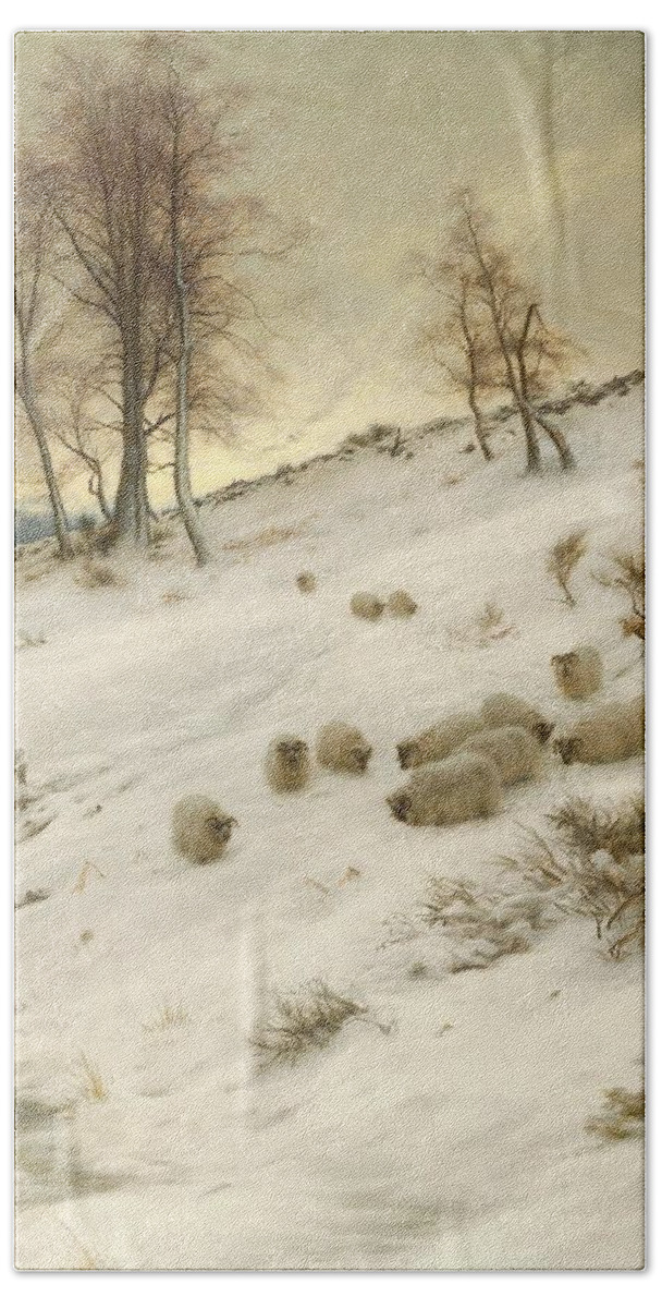 A Flock Of Sheep In A Snowstorm Beach Towel featuring the painting A Flock of Sheep in a Snowstorm #1 by Joseph