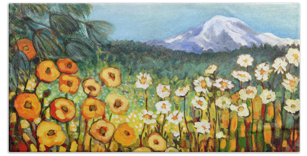Rainier Beach Towel featuring the painting A Mountain View by Jennifer Lommers