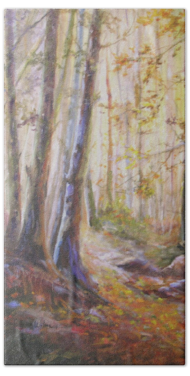 Landscape Beach Sheet featuring the painting A Walk Through the Woods #1 by Barbara Couse Wilson
