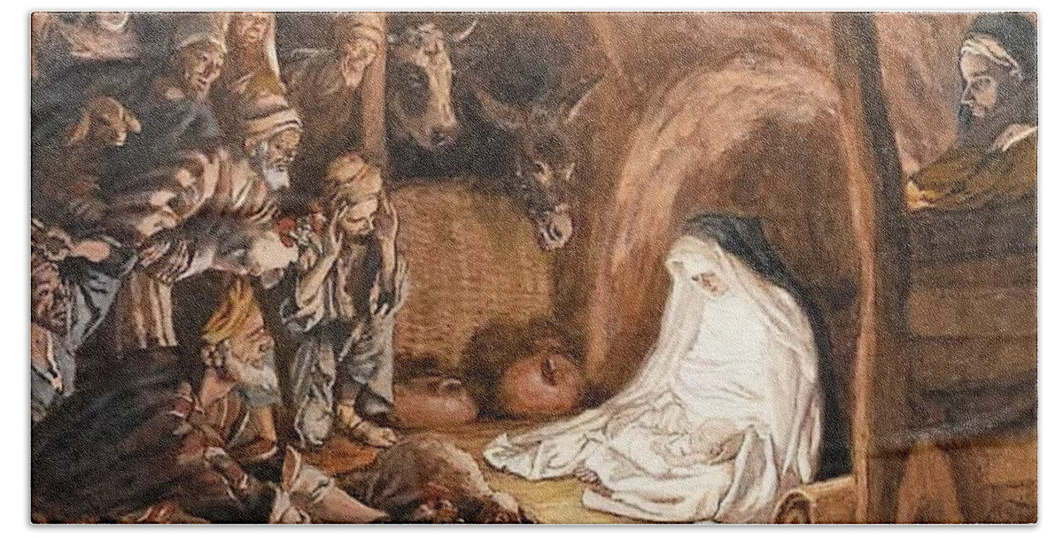 Christmas Beach Towel featuring the painting Adoration of the Shepherds by Tissot