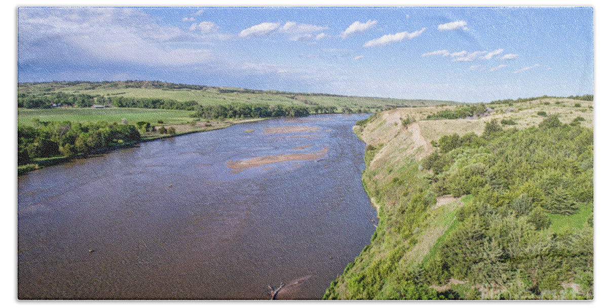 Nebraska Beach Towel featuring the photograph aerial view of Niobrara River in Nebraska Sand Hills #1 by Marek Uliasz