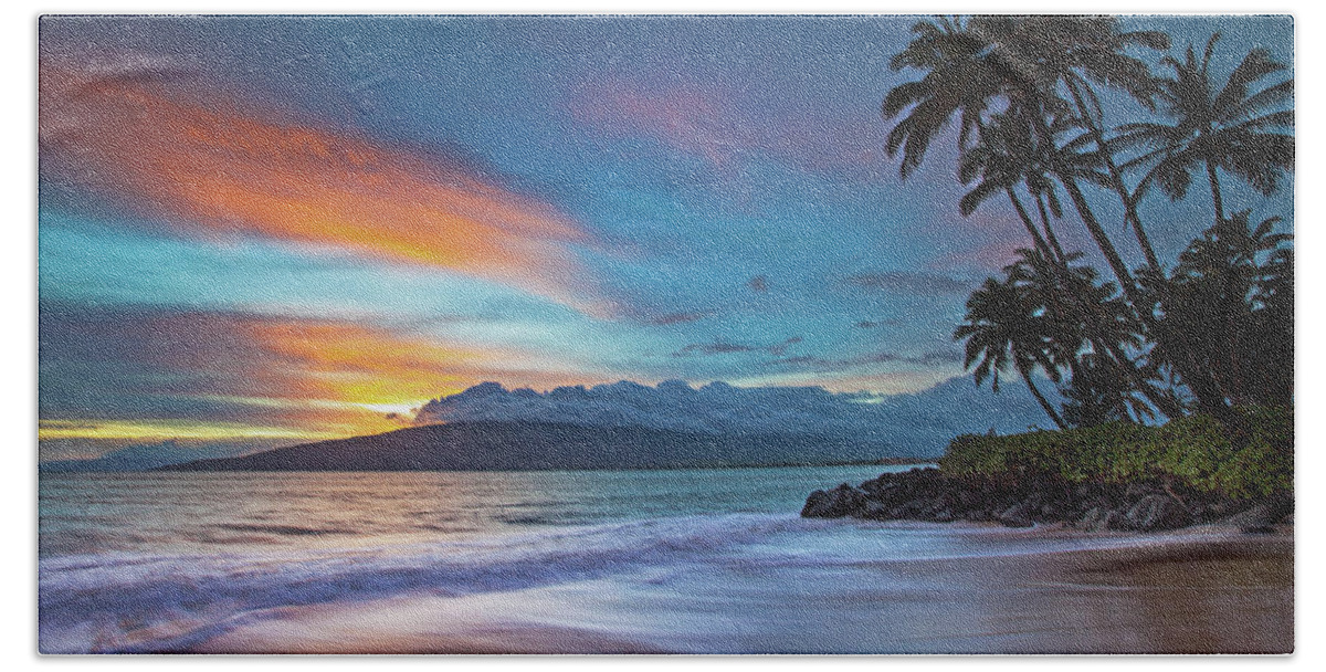Maui Sunset Seascape Sunset Ocean Palmtrees Clouds Beach Sheet featuring the photograph Along The Shore #1 by James Roemmling
