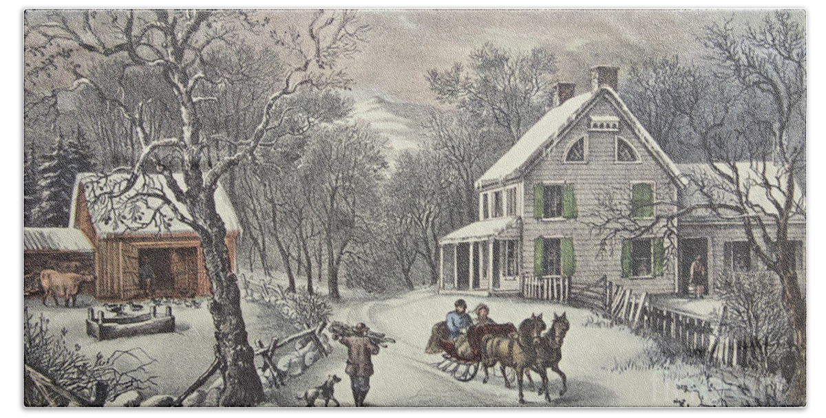 American Homestead Beach Towel featuring the painting American Homestead  Winter by Currier and Ives