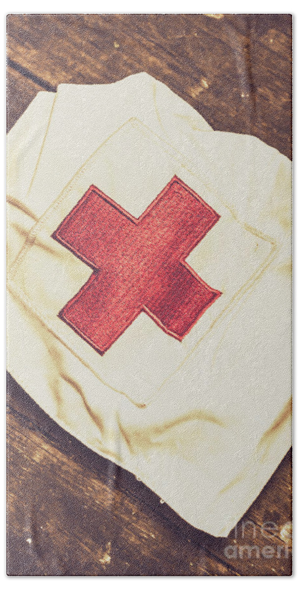 Hospital Beach Towel featuring the photograph Antique nurses hat with red cross emblem by Jorgo Photography