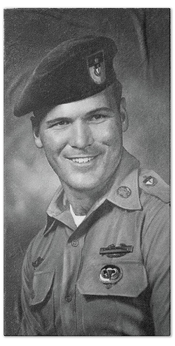 Barry Sadler Photo In Green Beret Uniform Circa 1965 Beach Towel featuring the photograph Barry Sadler Photo In Green Beret Uniform Circa 1965 #1 by David Lee Guss