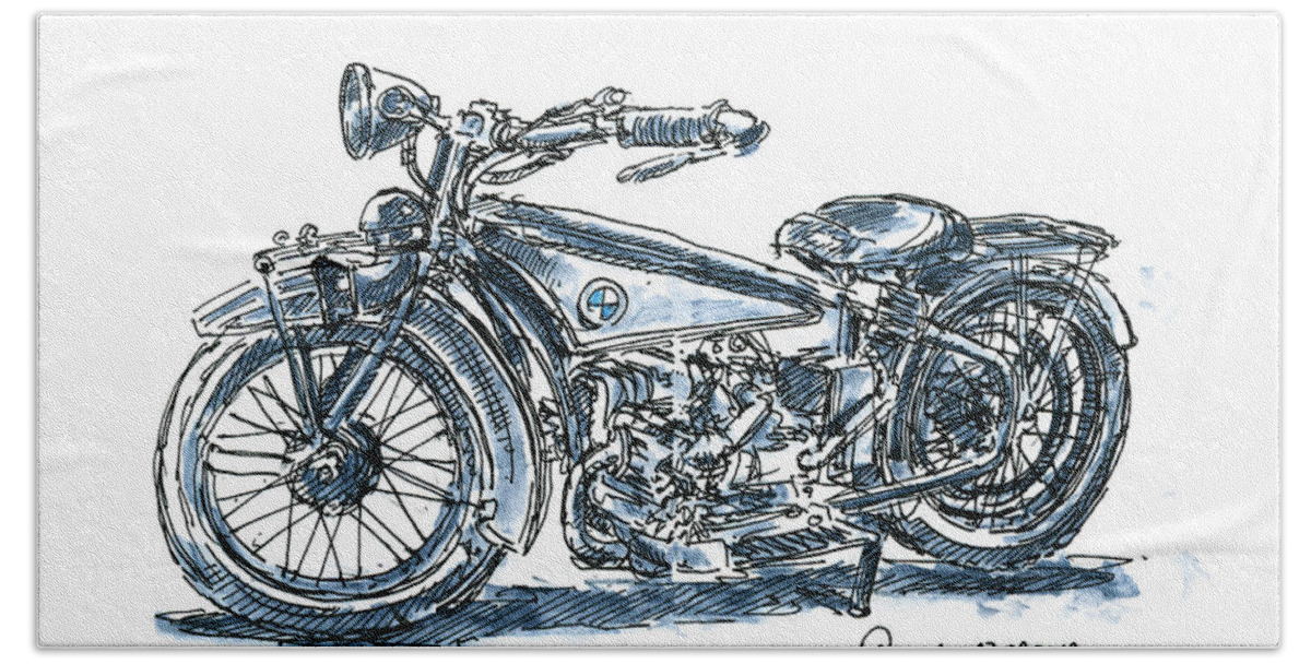 Motorbike Beach Towel featuring the drawing BMW R32 Classic Motorbike Ink Drawing and Watercolor #1 by Frank Ramspott