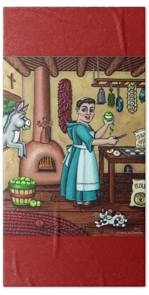 Hispanic Art Beach Towel featuring the painting Burritos In The Kitchen by Victoria De Almeida