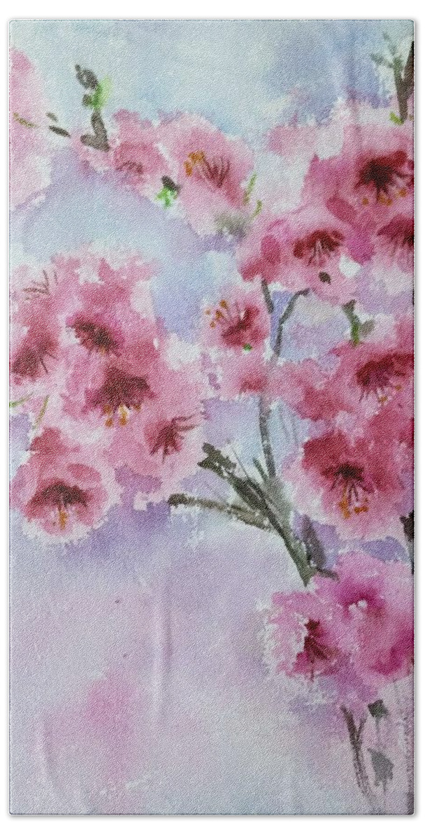 Cherry Blossoms Beach Towel featuring the painting Cherry blossoms #1 by Asha Sudhaker Shenoy