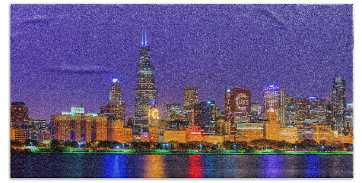 Building Exterior Beach Sheet featuring the photograph Chicago skyline with Cubs World Series lights night, Lake Michigan, Chicago, Cook County, Illinois #1 by Panoramic Images