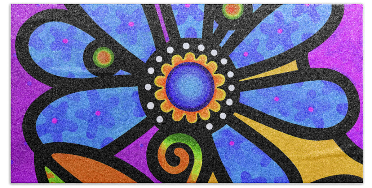 Flower Beach Towel featuring the painting Cosmic Daisy in Blue #1 by Steven Scott