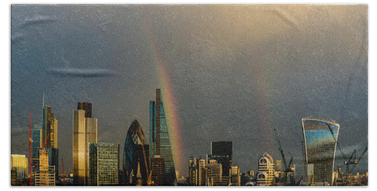 Rainbow Beach Towel featuring the photograph Double rainbow over the City of London #1 by Gary Eason