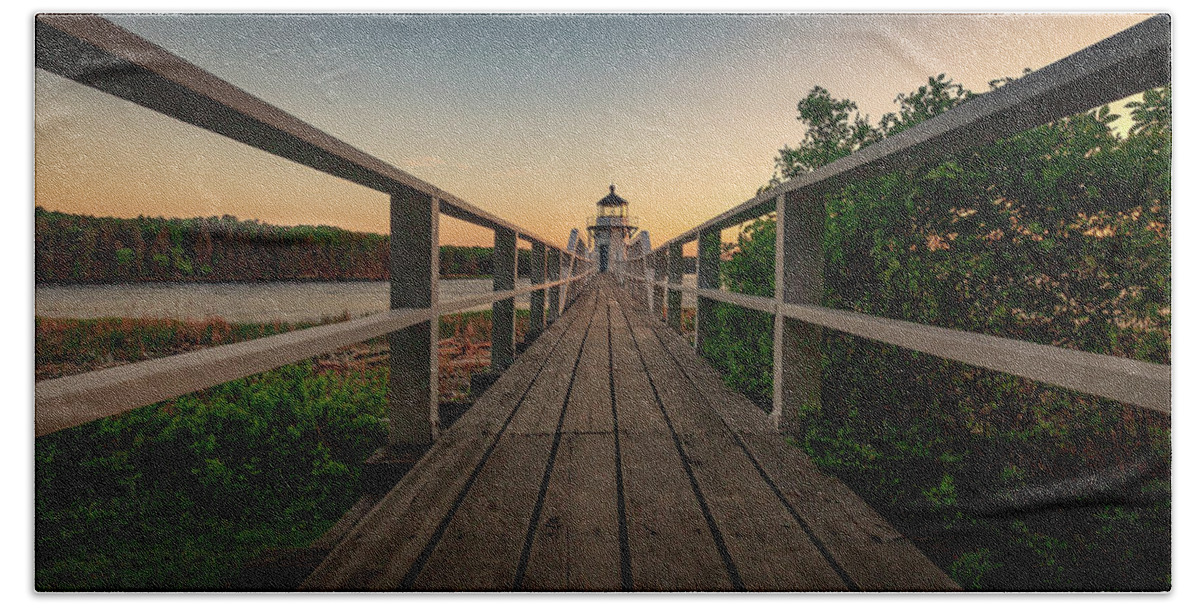 Bath Maine Lighthouse Sunset Coast Ocean Beach Towel featuring the photograph Doubling at Dusk #1 by David Hufstader