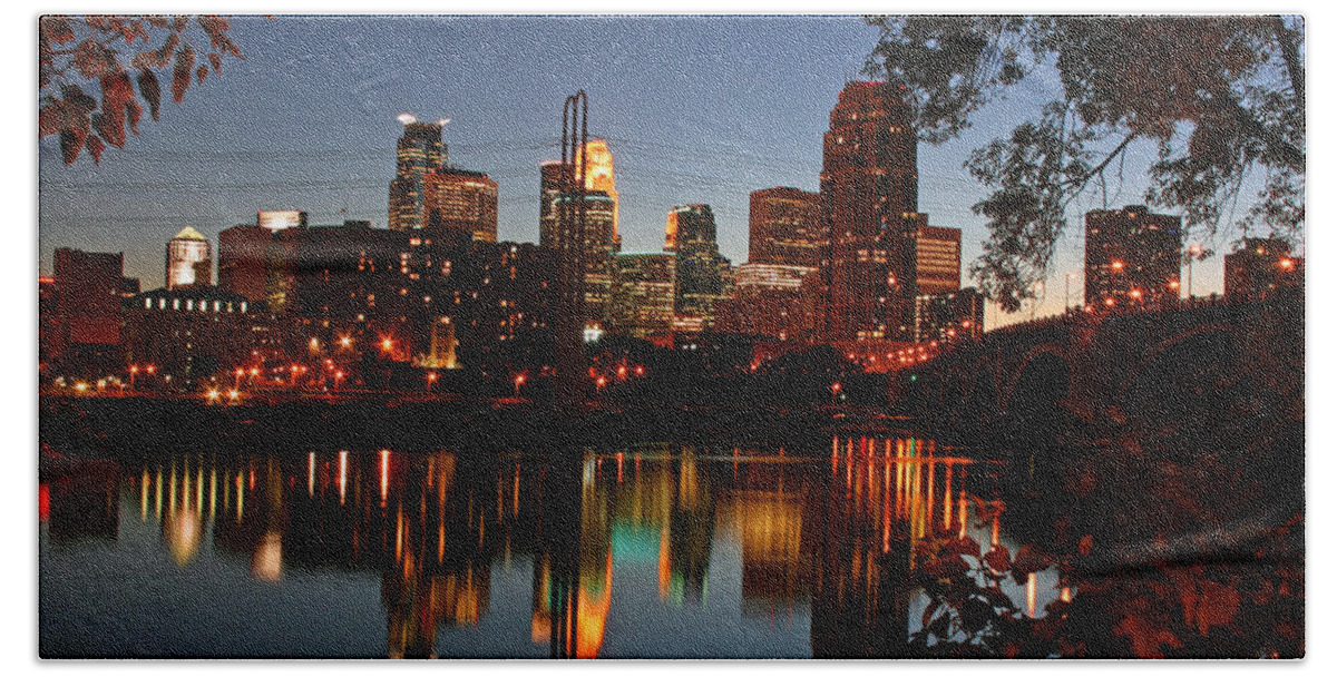 Minneapolis Beach Towel featuring the photograph Downtown Minneapolis at Night #1 by Angie Schutt