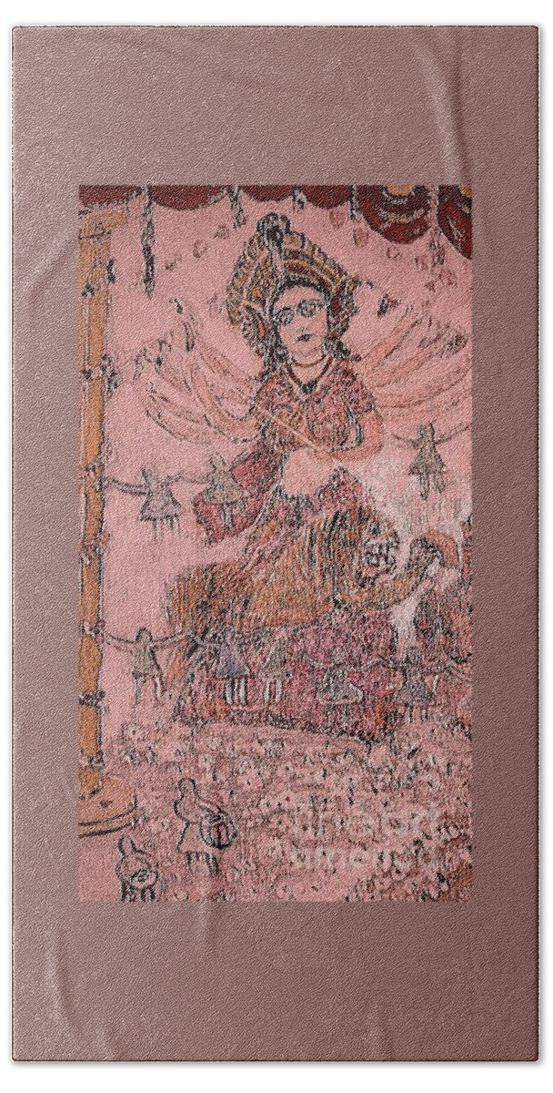 Mythological Beach Sheet featuring the painting Durga ,the warrior Goddess #1 by Subrata Bose