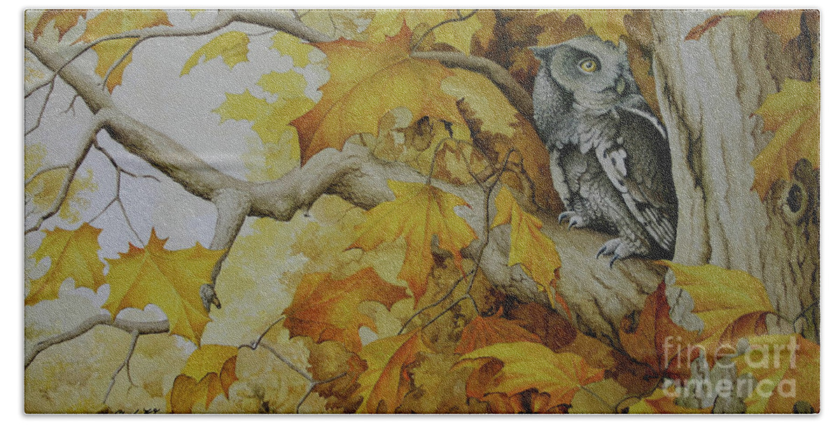 Owl Beach Towel featuring the painting Eastern Screech Owl #2 by Charles Owens