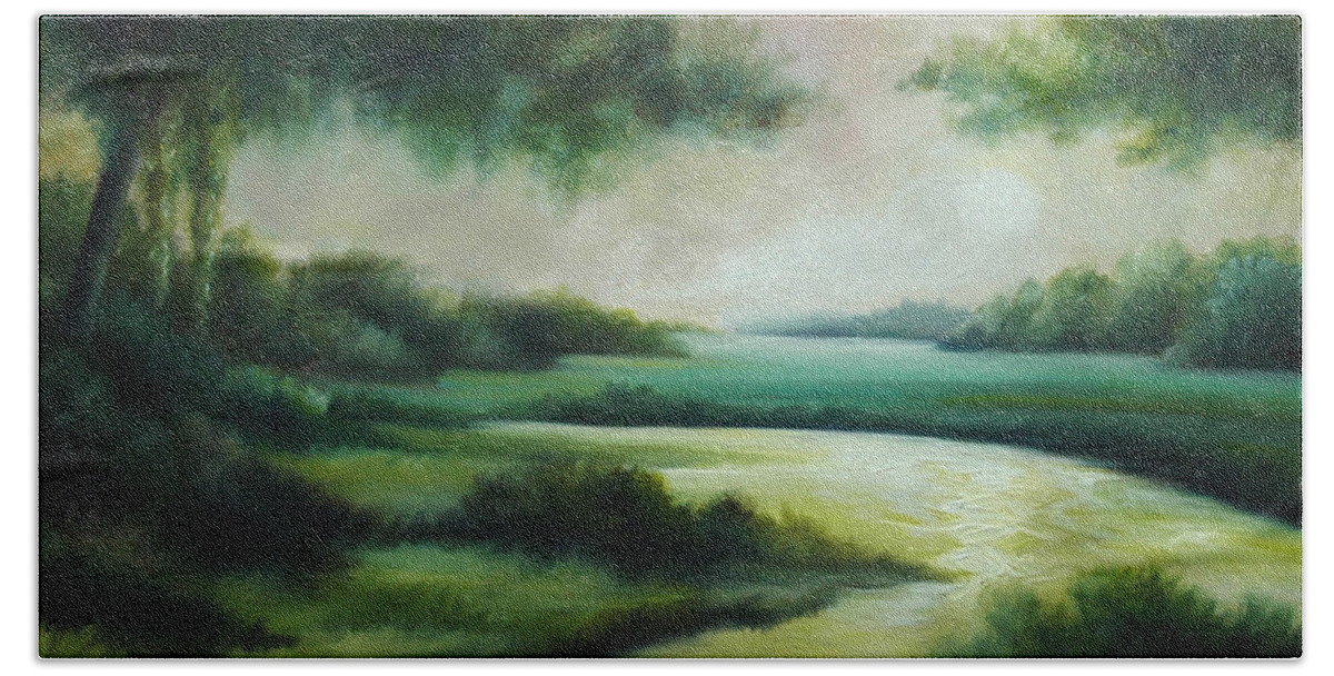 Bright Clouds; Sunsets; Reflections; Ocean; Water; Purple; Orange; Storms; Lightning; Contemporary; Abstract; Realism; James Christopher Hill; James Hill Studios; James C. Hilll; Forest; Flowers; Trees; Green; River; Water Beach Towel featuring the painting Emerald Forest by James Christopher Hill