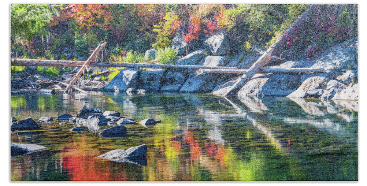 Landscape Beach Towel featuring the photograph Fall color reflection #1 by Hisao Mogi