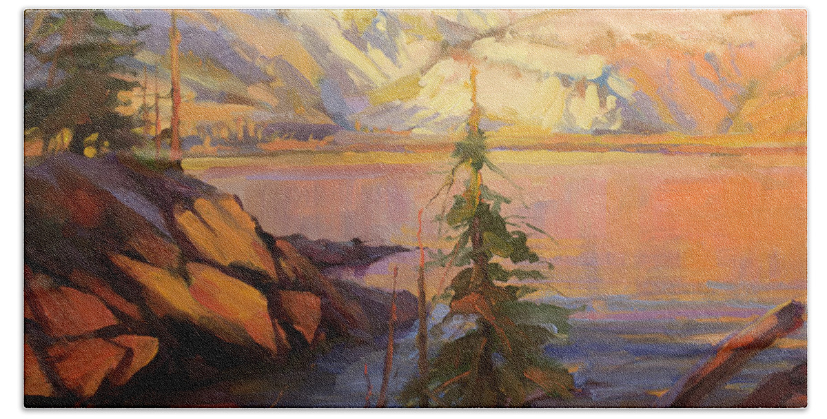 Wilderness Beach Towel featuring the painting First Light by Steve Henderson