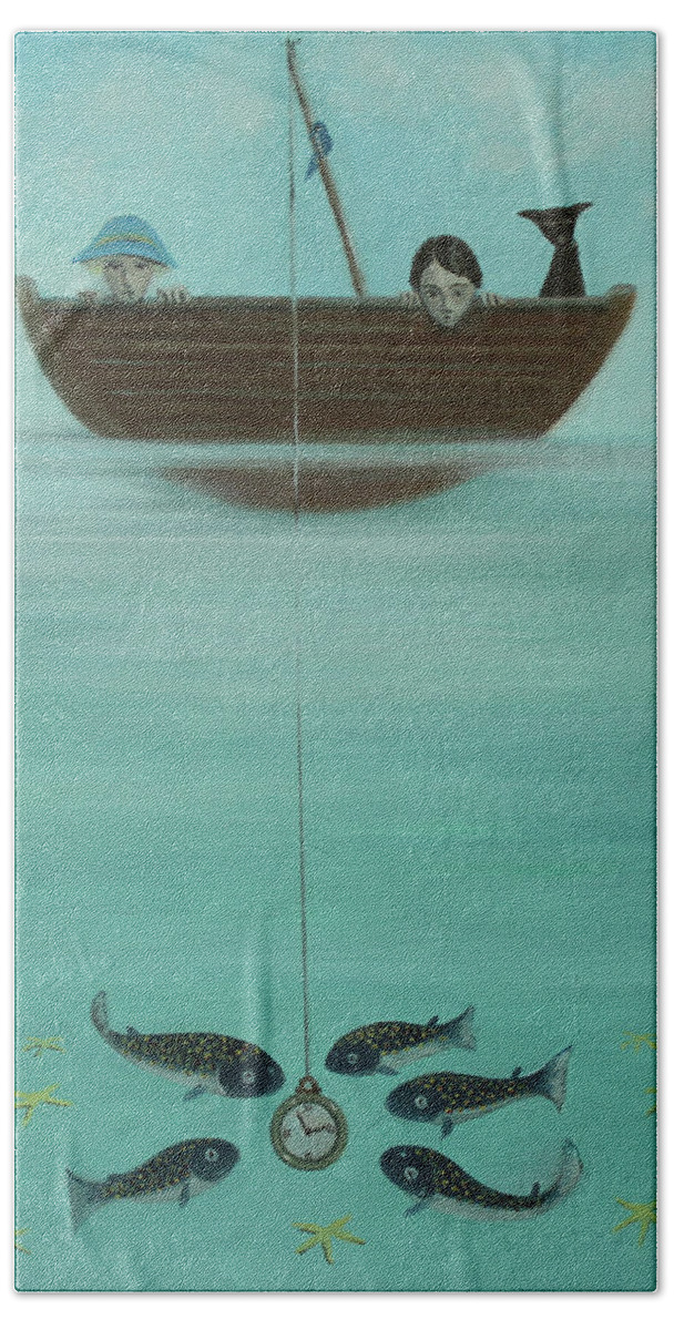 Couple Beach Towel featuring the painting Fishing for Time #1 by Tone Aanderaa
