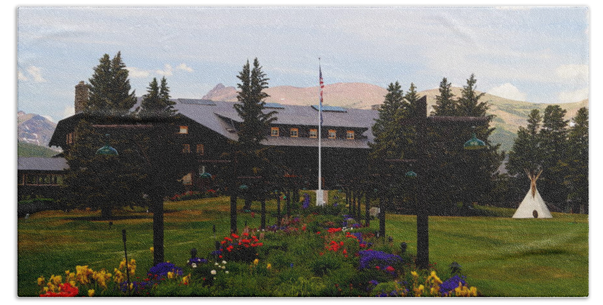 Architecture Beach Towel featuring the photograph Glacier Park Lodge #1 by Beth Collins