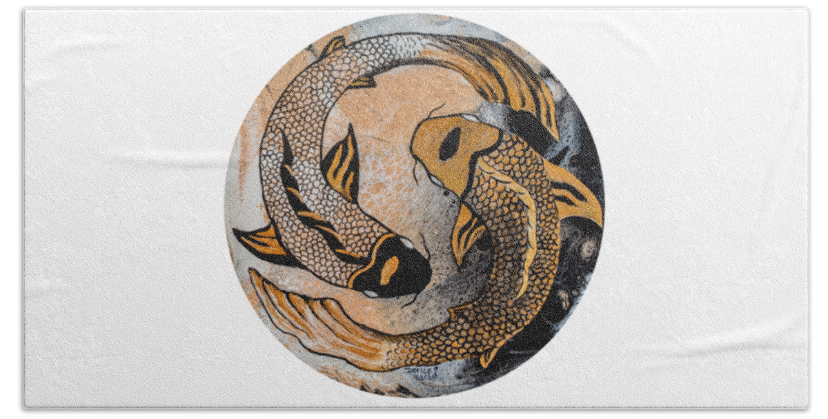 Yin And Yang Beach Towel featuring the painting Golden Yin And Yang by Darice Machel McGuire