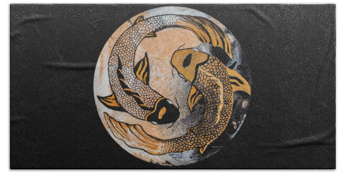 Yin And Yang Beach Towel featuring the painting Golden Yin and Yang by Darice Machel McGuire