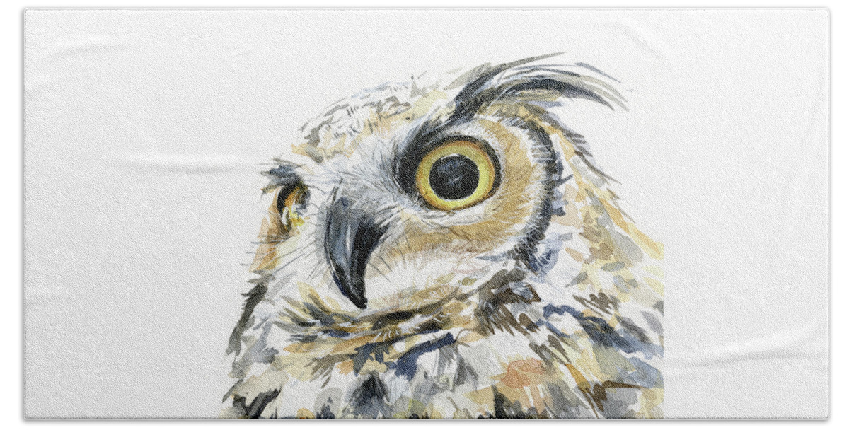 Owl Beach Towel featuring the painting Great Horned Owl Watercolor by Olga Shvartsur
